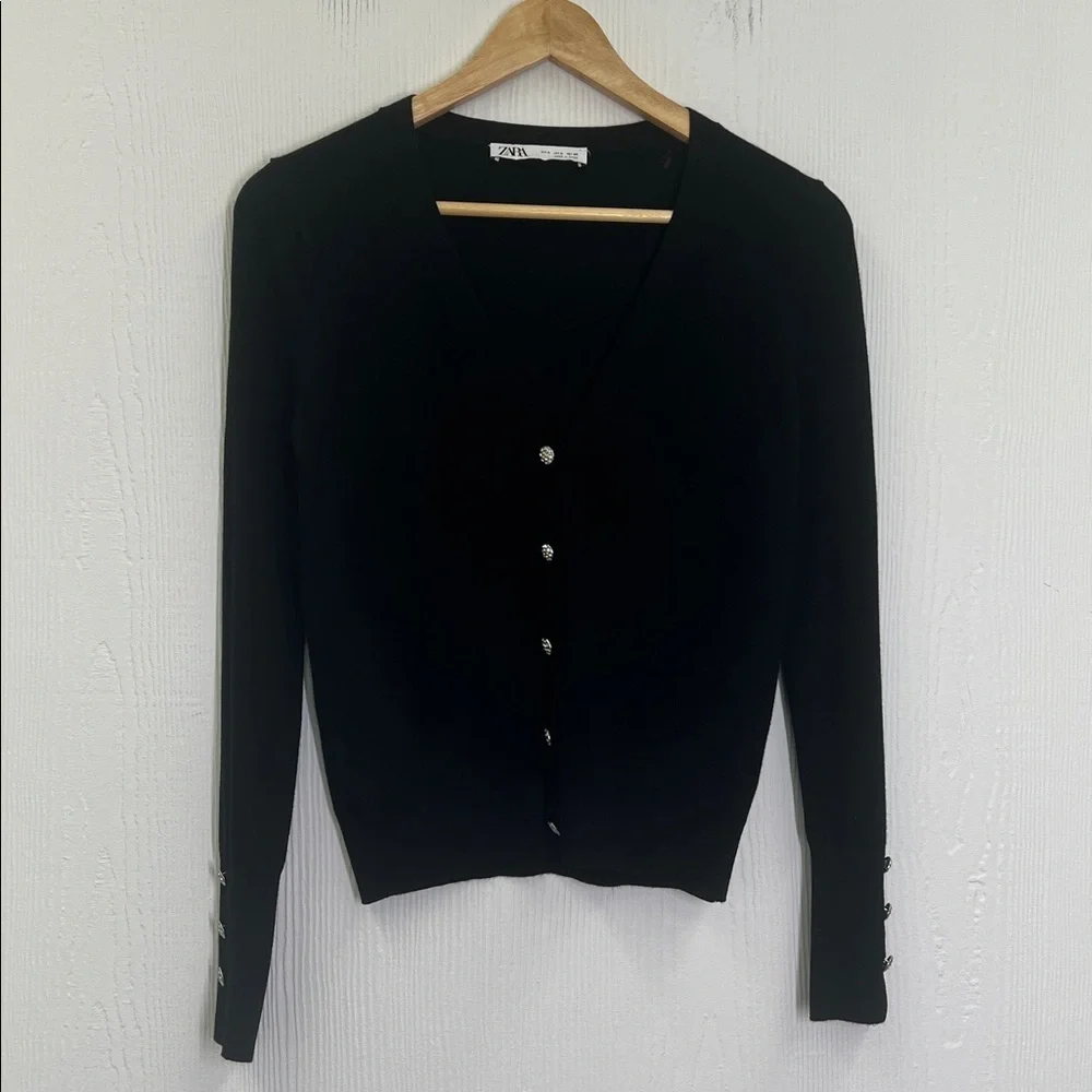 Zara - Black V Neck Lightweight Rhinestone Buttons Long Sleeve Cardigan Small